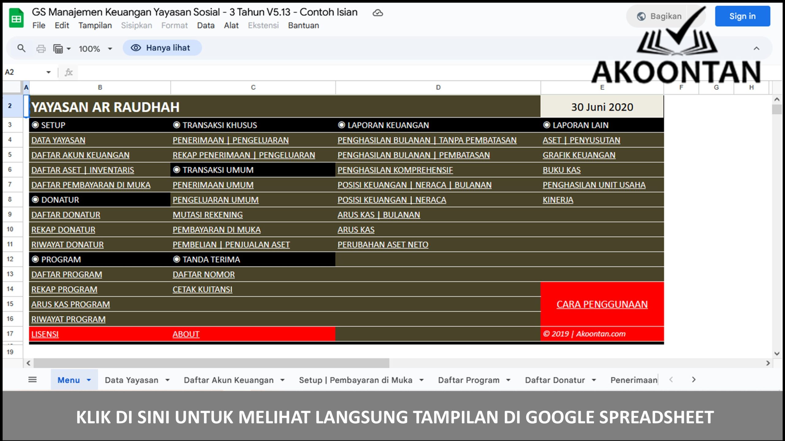 Google Spreadsheet Manajemen Keuangan Yayasan Sosial