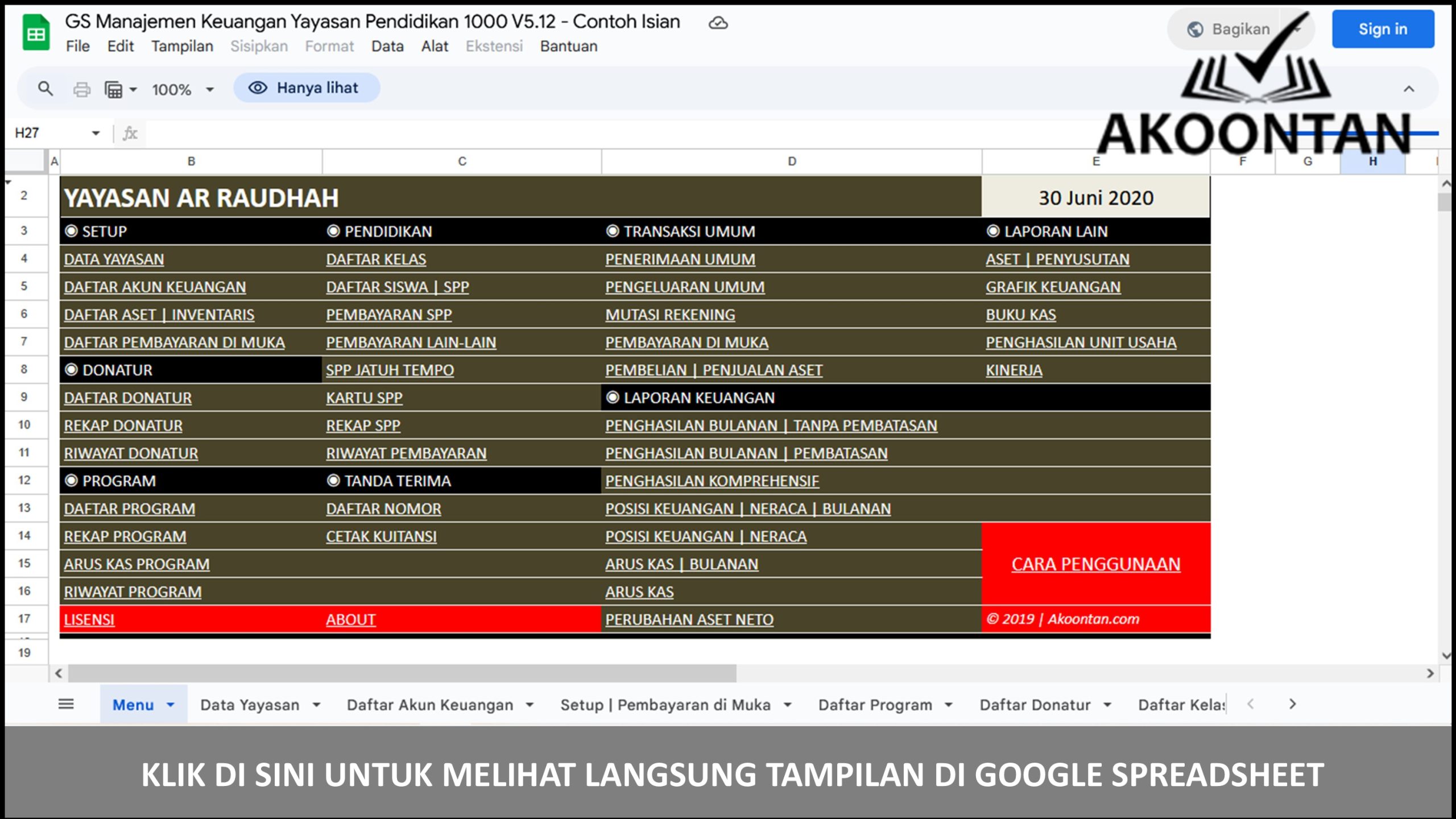 Google Spreadsheet Manajemen Keuangan Yayasan Pendidikan