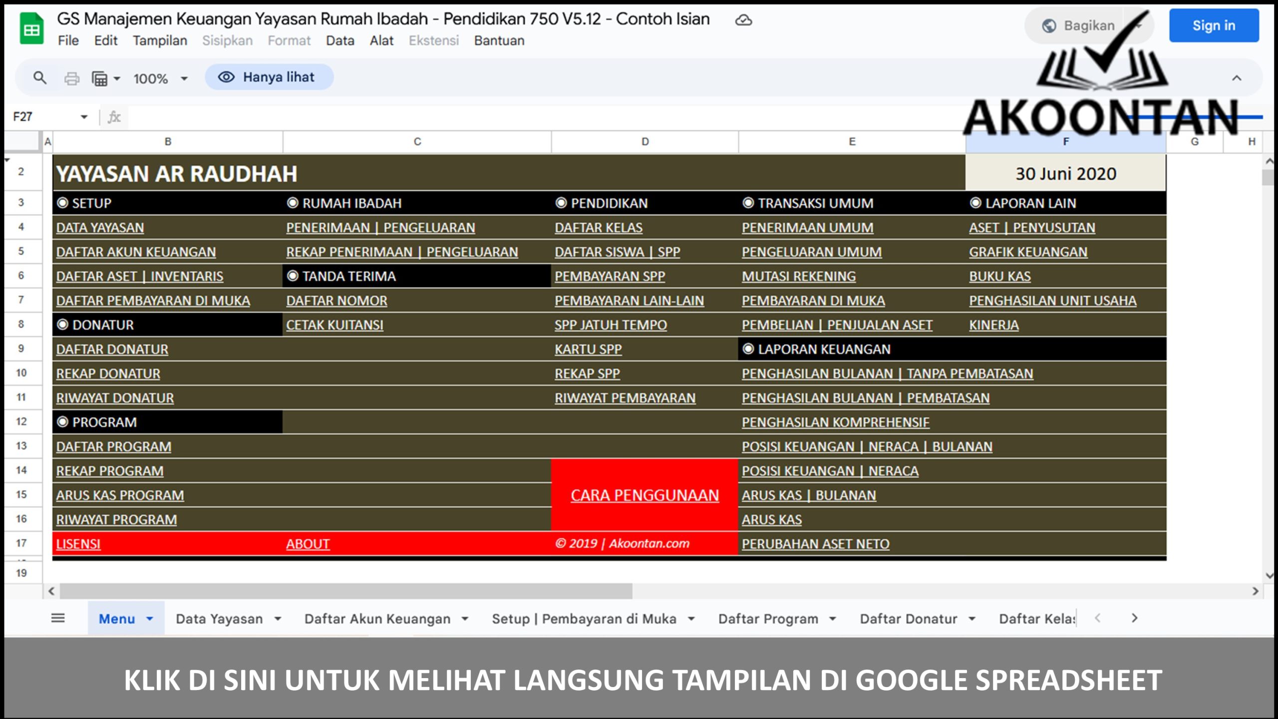 Google Spreadsheet Manajemen Keuangan Yayasan Rumah Ibadah | Pendidikan
