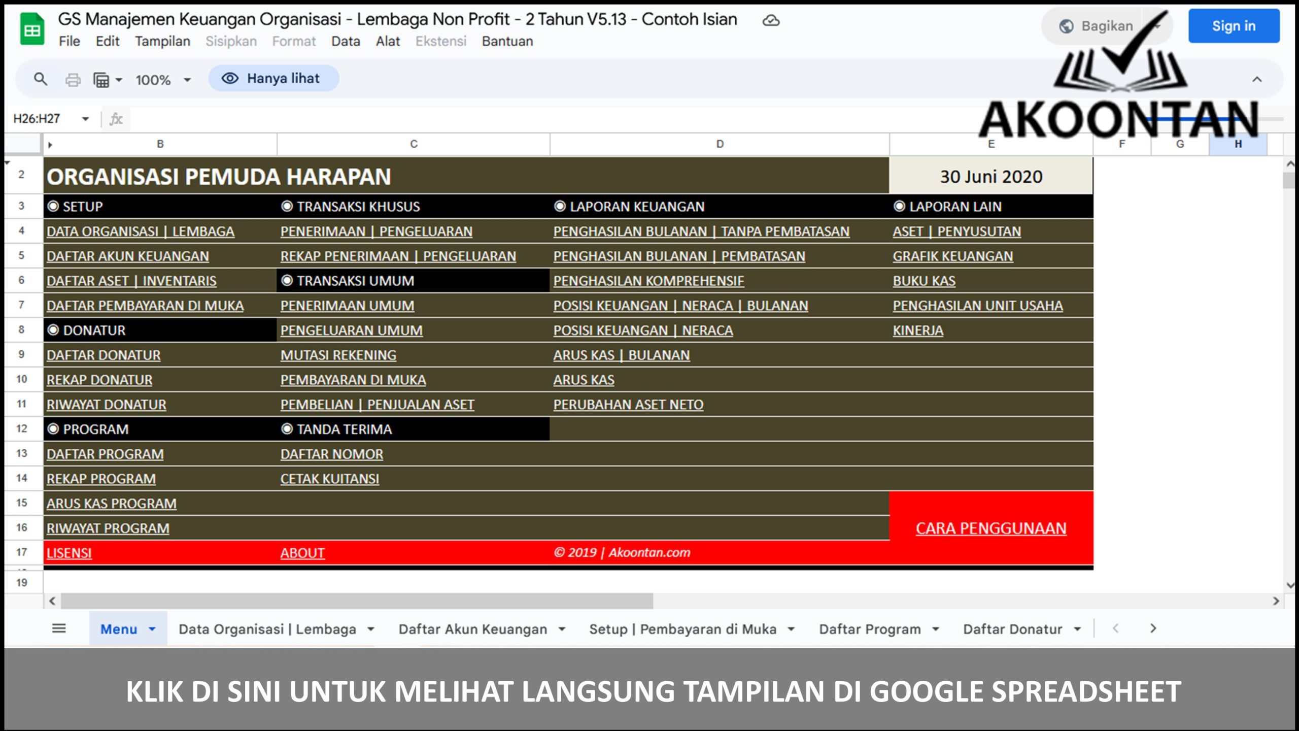Google Spreadsheet Manajemen Keuangan Organisasi Nirlaba