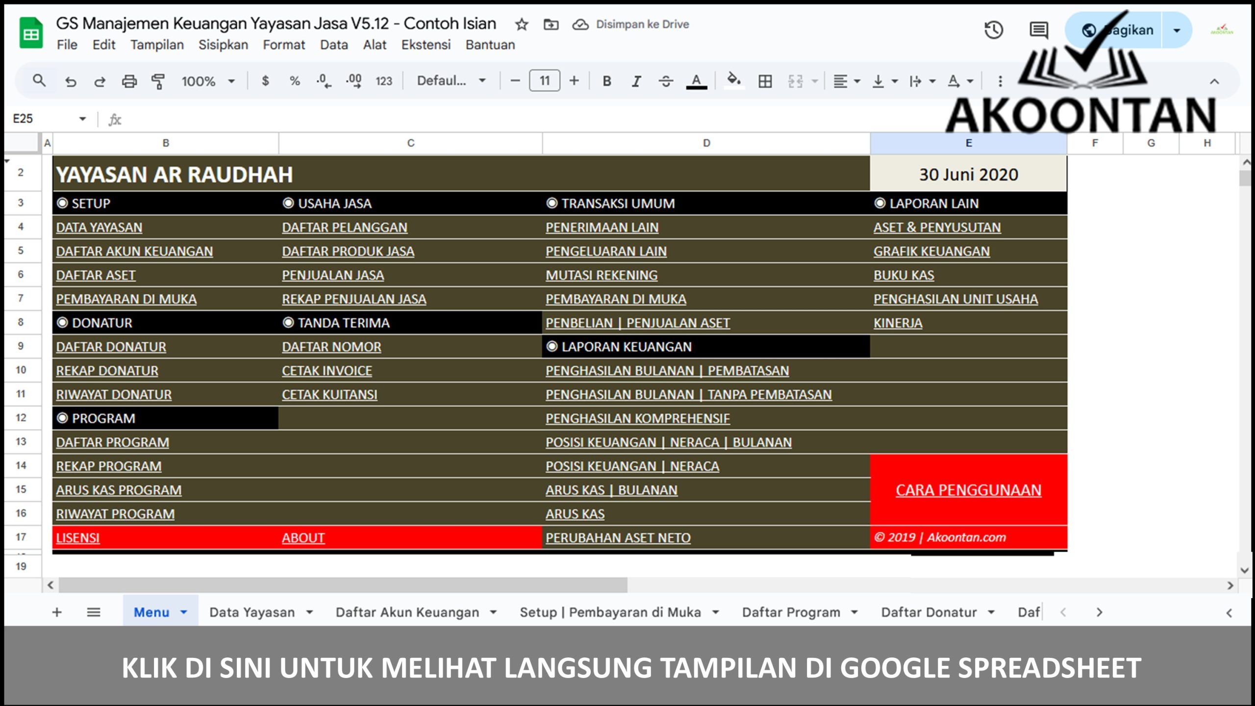 Google Spreadsheet Manajemen Keuangan Yayasan Jasa