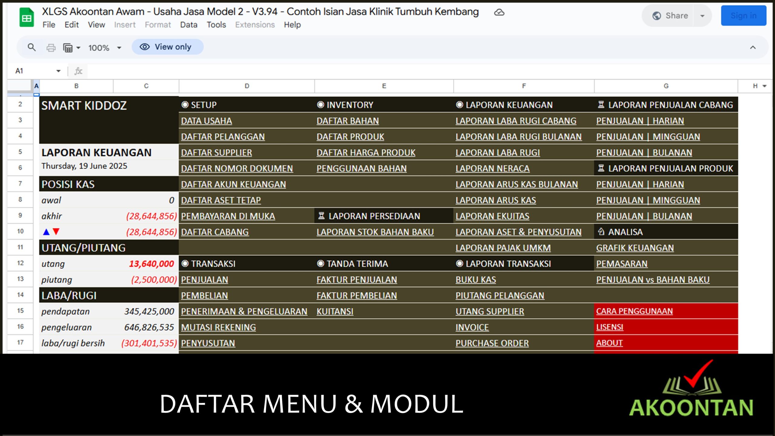 Akuntansi Klinik Tumbuh Kembang Anak - Menu dan Modul Google Spreadsheet